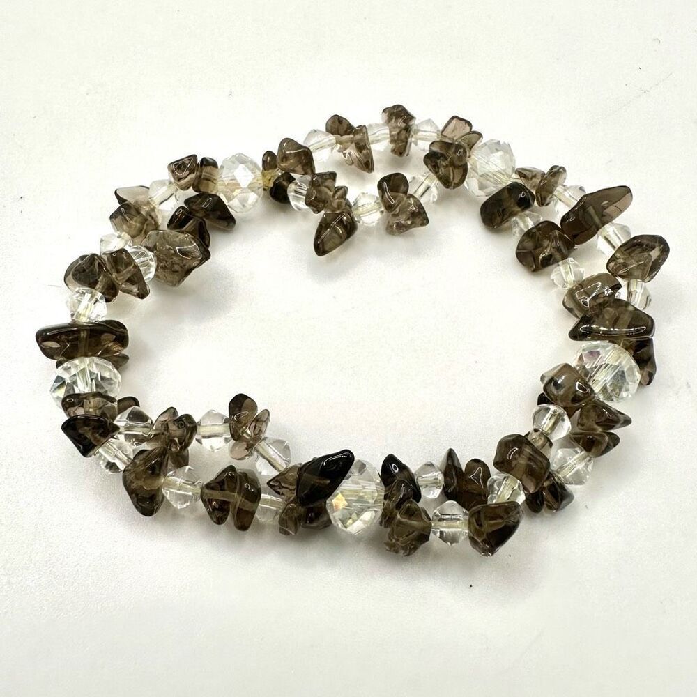 smoky and clear quartz stretchy double strand bracelet